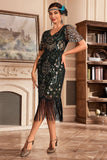 Black Golden V Neck Fringe 1920s Gatsby Dress With Sequins