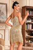 Golden Spaghetti Straps Fringed Roaring 20s Great Midi Gatsby Dress