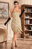 Golden Spaghetti Straps Fringed Roaring 20s Great Midi Gatsby Dress
