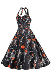 A Line Halloween Black Halter Pumpkin Printed 1950s Dress