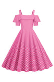 A Line Cold Shoulder Polka Dots Pink 1950s Dress