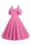A Line Cold Shoulder Polka Dots Pink 1950s Dress