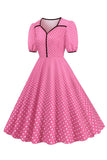Pink Short Sleeves Polka Dots 1950s Dress