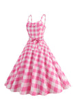 Plaid Pink Spaghetti Straps A Line 1950s Dress