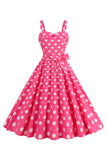 Pink A Line Spaghetti Straps Polka Dots 1950s Dress With Bowknot