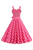 Pink A Line Spaghetti Straps Polka Dots 1950s Dress With Bowknot