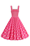 Pink A Line Polka Dots Smocked 1950s Dress