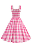 Pink A Line Plaid Smocked Vintage 1950s Dress