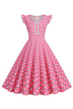Pink A Line Polka Dots Flutter Sleeves Vintage Dress