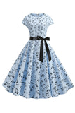 Light Blue A Line Printed Cap Sleeves 1950s Dress