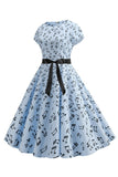 Light Blue A Line Printed Cap Sleeves 1950s Dress