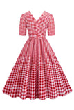 Black A Line V-Neck Plaid 1950s Dress With Short Sleeves