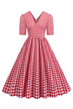 Black A Line V-Neck Plaid 1950s Dress With Short Sleeves