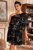 Black Sequins Round Neck Flapper Dress with Batwing Sleeves