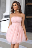 Pink Strapless A Line Tulle Short Ball Dress
