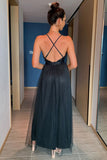 Fuchsia Deep V Neck A Line Sparkly Long Ball Dress With Slit