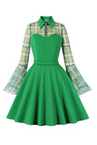 A Line Plaid Green Vintage Dress With Long Sleeves
