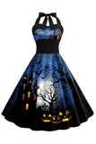 A Line Halloween Printed Halter Blue Vintage Dress