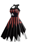 Halloween Skull Printed A Line Halter Black Brown Vintage Dress