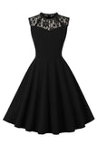 A Line Boat Neck Sleeveless Black Vintage Dress with Lace