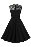 A Line Boat Neck Sleeveless Black Vintage Dress with Lace