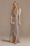 Sparkly Champagne V-Neck High Low Sequin Ball Dress