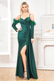 Dark Green Detachable Sleeves Spaghetti Straps Long Ball Dress