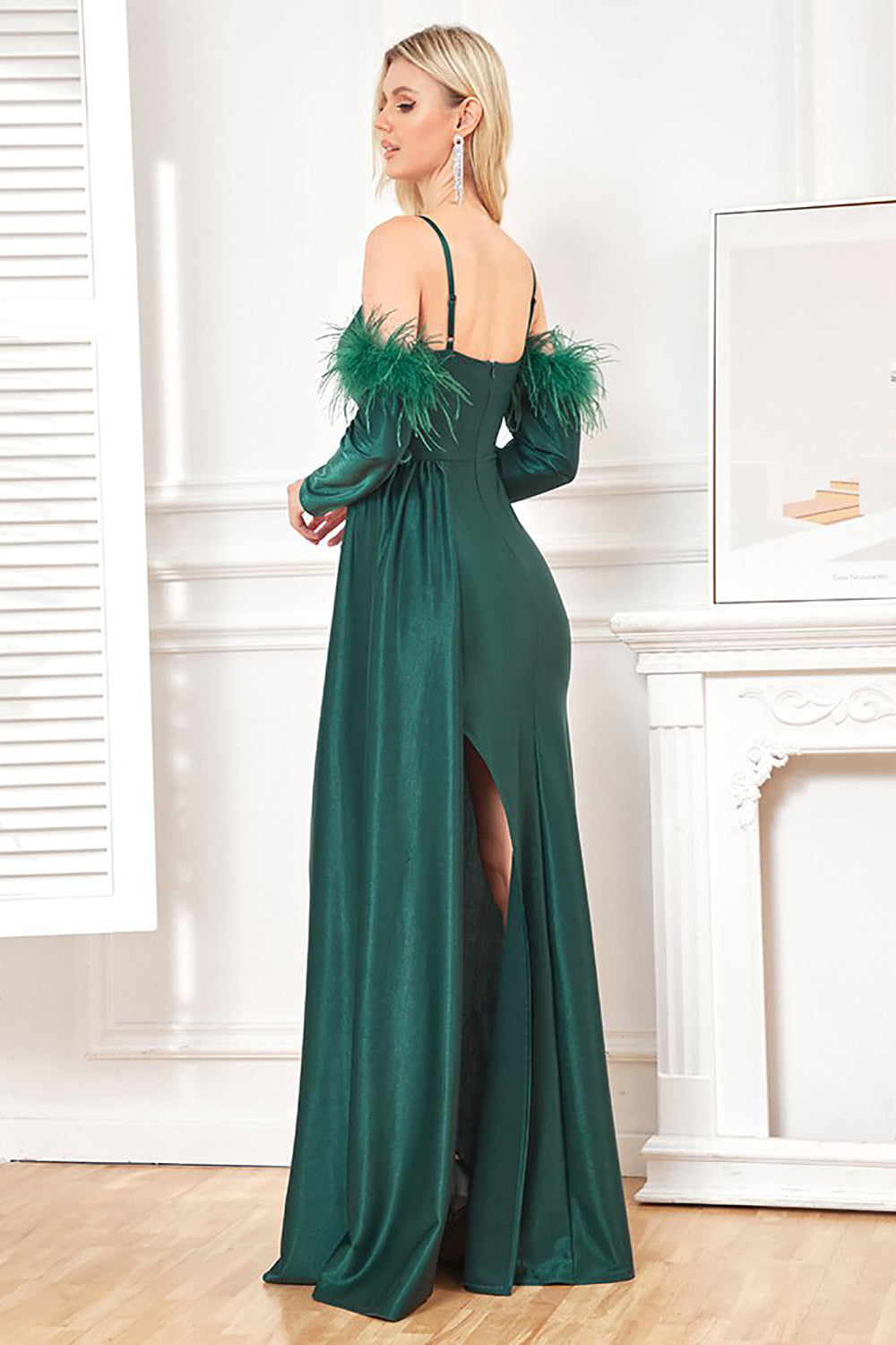 Zapaka Women Dark Green Long Ball Prom Dress Detachable Sleeves