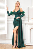 Dark Green Detachable Sleeves Spaghetti Straps Long Ball Dress