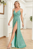 Sparkly Green Sapghetti Straps Long Ball Dress With Slit