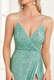 Sparkly Green Sapghetti Straps Long Ball Dress With Slit