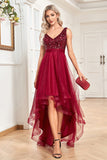 High Low Burgundy Sparkly Sequin V-Neck Ball Dress