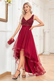 High Low Burgundy Sparkly Sequin V-Neck Ball Dress