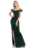 Sparkly Sequin Dark Green Mermaid Off the Shoulder Ball Dress With Slit