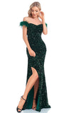 Sparkly Sequin Dark Green Mermaid Off the Shoulder Ball Dress With Slit