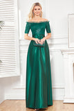 Off the Shoulder Dark Green Sparkly Sequin Long Ball Dress With Slit
