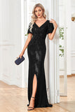 Sparkly Sequin Black Sheath V-Neck Ball Dress With Slit