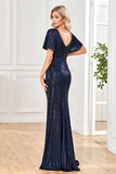 Sparkly Sequin Black Sheath V-Neck Ball Dress With Slit