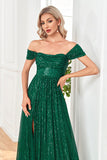 Sparkly Sequin Dark Green Off the Shoulder A Line Ball Dress With Slit