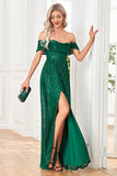 Sparkly Sequin Dark Green Off the Shoulder A Line Ball Dress With Slit