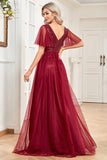 A Line Burgundy Sparkly V-Neck Long Ball Dress
