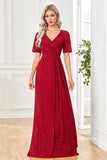 Burgundy Sparkly Short Sleeves V-Neck Long Ball Dress