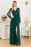Dark Green A LineLong SLeeves Ball Dress With Lace
