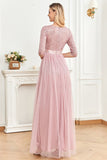 Blush A Line Sparkly Sequin Ball Dress With 3/4 Sleeves