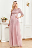 Blush A Line Sparkly Sequin Ball Dress With 3/4 Sleeves