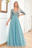Blue A Line Sparkly Sequin Ball Dress With 3/4 Sleeves