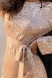 Champagne Long Sleeves Glitter Cocktail Dress With Hollow-out