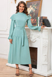 Green A Line Long Sleeves Casual Dress With Belt