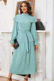 Green A Line Long Sleeves Casual Dress With Belt