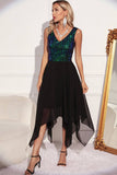 Black Green A-line Sequin Sleeveless Asymmetrical Cocktail Dress